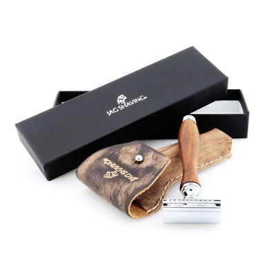 Wooden Double Edge Safety Razor- Leather Pouch - JAG SHAVING