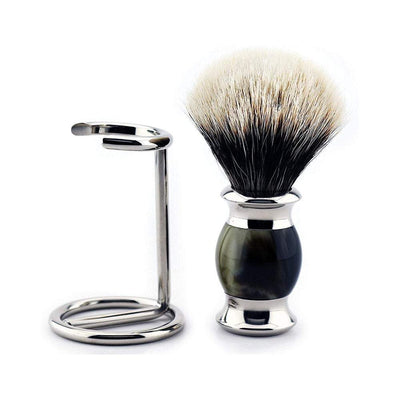 Silver Tip Badger Hair Shaving Brush with Horn Replica Handle & Stainless Steel Brush Stand - JAG SHAVING